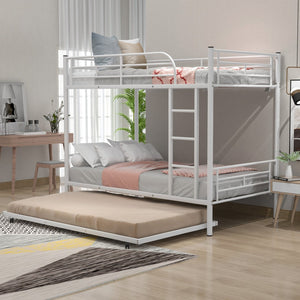 HomeRoots White Twin Over Twin Metal Bunk Bed with Trundle - Stylish, Durable Design for Kids and Teens' Rooms 606635