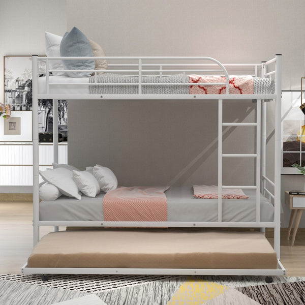 HomeRoots White Twin Over Twin Metal Bunk Bed with Trundle - Stylish, Durable Design for Kids and Teens' Rooms 606635
