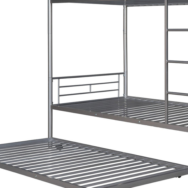 HomeRoots Silver Twin-Over-Twin Metal Bunk Bed with Trundle - Space-Saving, Safe & Stylish for Kids' Rooms! 606636