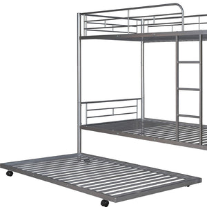 HomeRoots Silver Twin-Over-Twin Metal Bunk Bed with Trundle - Space-Saving, Safe & Stylish for Kids' Rooms! 606636