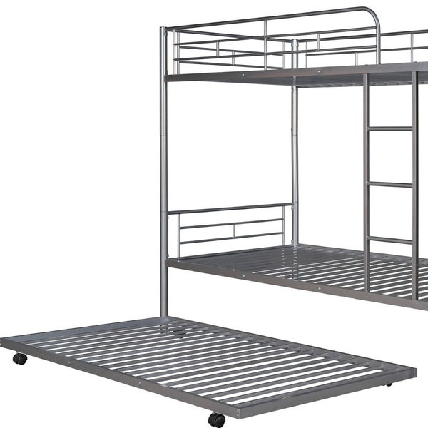 HomeRoots Silver Twin-Over-Twin Metal Bunk Bed with Trundle - Space-Saving, Safe & Stylish for Kids' Rooms! 606636