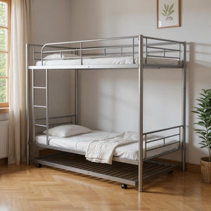 HomeRoots Silver Twin-Over-Twin Metal Bunk Bed with Trundle - Space-Saving, Safe & Stylish for Kids' Rooms! 606636