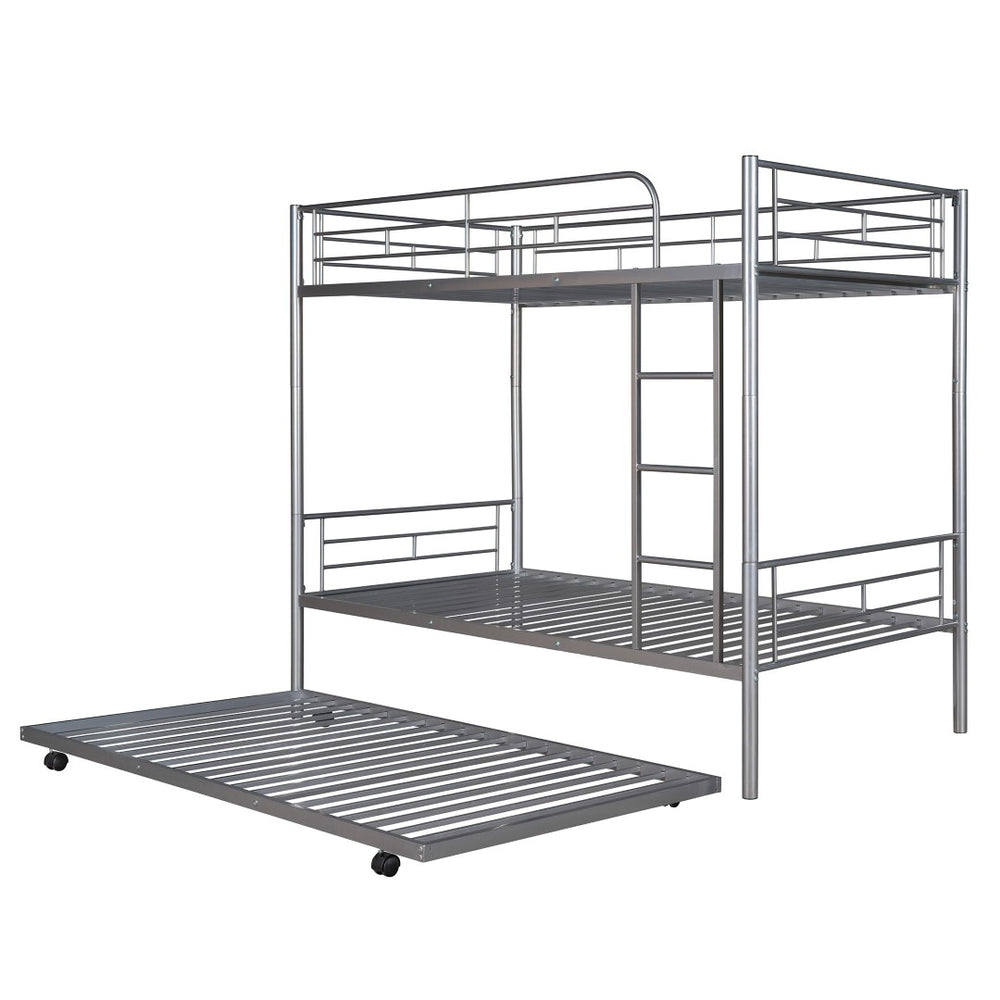 HomeRoots Silver Twin-Over-Twin Metal Bunk Bed with Trundle - Space-Saving, Safe & Stylish for Kids' Rooms! 606636