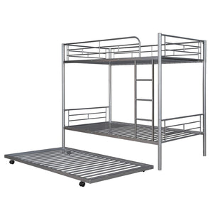 HomeRoots Silver Twin-Over-Twin Metal Bunk Bed with Trundle - Space-Saving, Safe & Stylish for Kids' Rooms! 606636