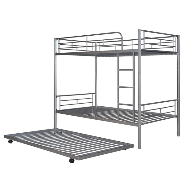 HomeRoots Silver Twin-Over-Twin Metal Bunk Bed with Trundle - Space-Saving, Safe & Stylish for Kids' Rooms! 606636