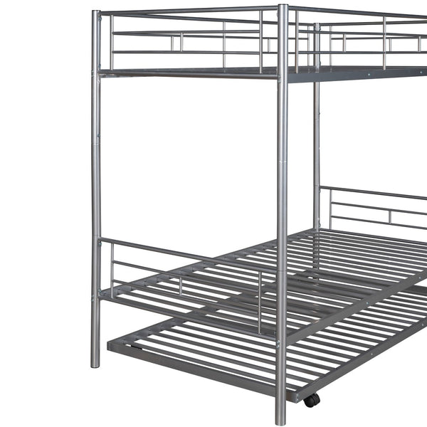 HomeRoots Silver Twin-Over-Twin Metal Bunk Bed with Trundle - Space-Saving, Safe & Stylish for Kids' Rooms! 606636