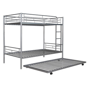 HomeRoots Silver Twin-Over-Twin Metal Bunk Bed with Trundle - Space-Saving, Safe & Stylish for Kids' Rooms! 606636
