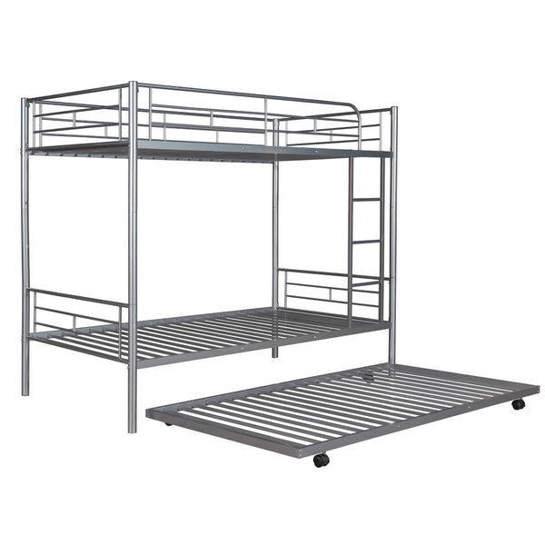 HomeRoots Silver Twin-Over-Twin Metal Bunk Bed with Trundle - Space-Saving, Safe & Stylish for Kids' Rooms! 606636