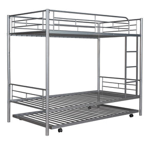HomeRoots Silver Twin-Over-Twin Metal Bunk Bed with Trundle - Space-Saving, Safe & Stylish for Kids' Rooms! 606636