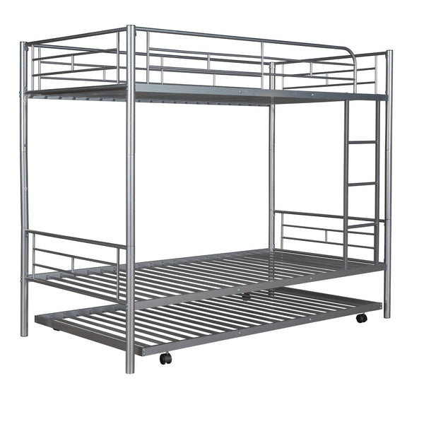 HomeRoots Silver Twin-Over-Twin Metal Bunk Bed with Trundle - Space-Saving, Safe & Stylish for Kids' Rooms! 606636
