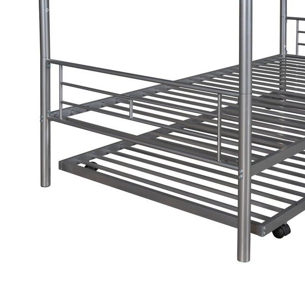 HomeRoots Silver Twin-Over-Twin Metal Bunk Bed with Trundle - Space-Saving, Safe & Stylish for Kids' Rooms! 606636