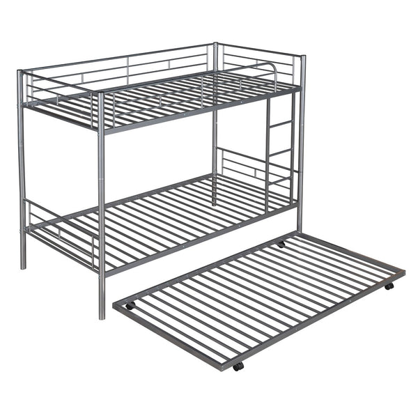 HomeRoots Silver Twin-Over-Twin Metal Bunk Bed with Trundle - Space-Saving, Safe & Stylish for Kids' Rooms! 606636
