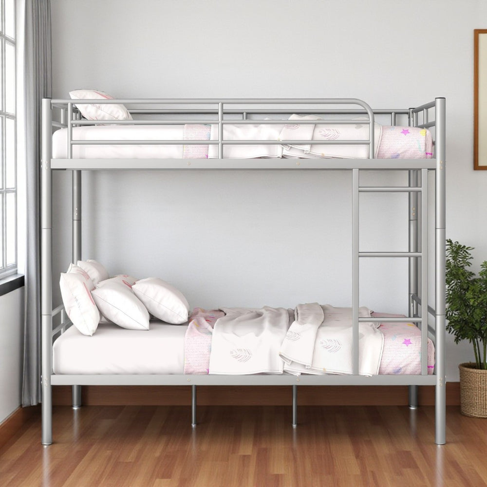 HomeRoots Silver Full-Over-Full Iron Bunk Bed – Stylish, Space-Saving Design with Safety Features & Versatility 606639
