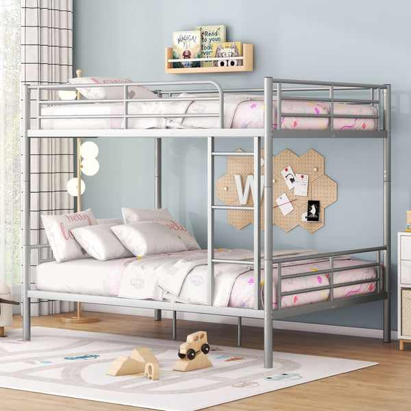 HomeRoots Silver Full-Over-Full Iron Bunk Bed – Stylish, Space-Saving Design with Safety Features & Versatility 606639