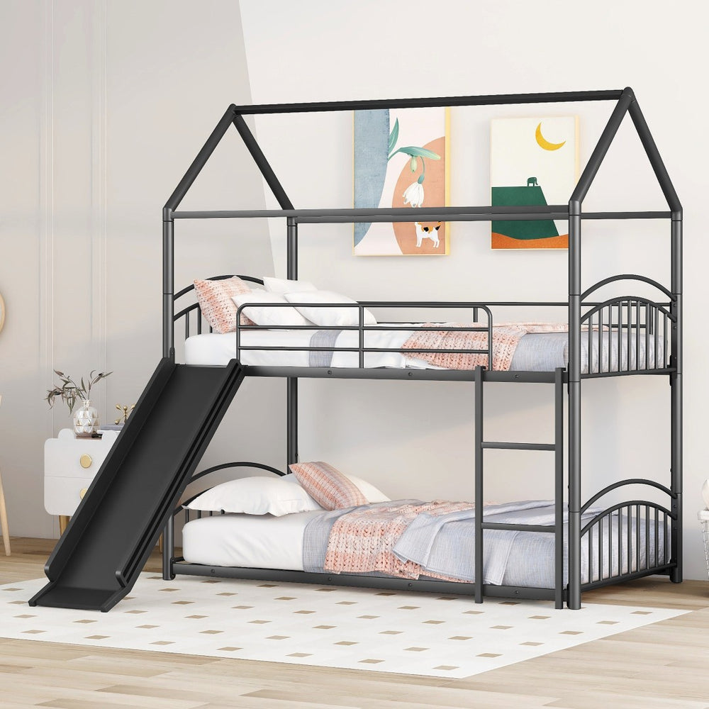 HomeRoots Black Twin Over Twin Metal Bunk Bed with Fun Slide | Space-Saving Solution for Kids’ Rooms & Sleepovers 606640