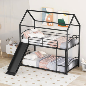 HomeRoots Black Twin Over Twin Metal Bunk Bed with Fun Slide | Space-Saving Solution for Kids’ Rooms & Sleepovers 606640