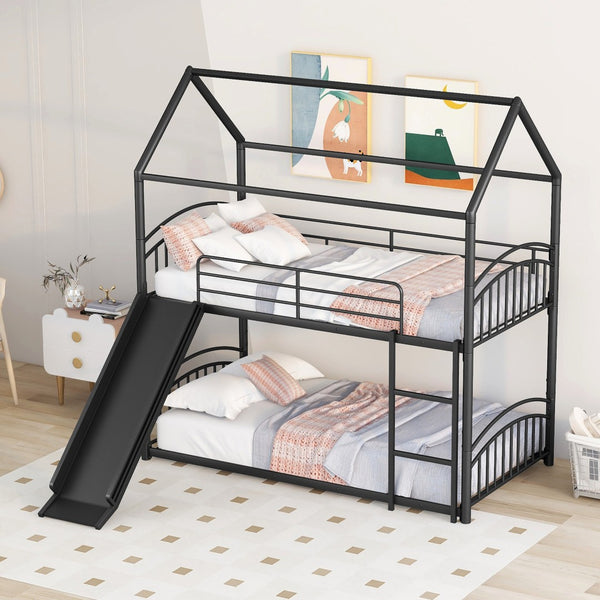 HomeRoots Black Twin Over Twin Metal Bunk Bed with Fun Slide | Space-Saving Solution for Kids’ Rooms & Sleepovers 606640
