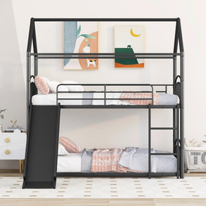 HomeRoots Black Twin Over Twin Metal Bunk Bed with Fun Slide | Space-Saving Solution for Kids’ Rooms & Sleepovers 606640
