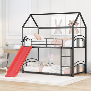HomeRoots Black Twin Over Twin Metal Bunk Bed with Slide - Stylish Space-Saving Fun for Kids' Rooms & More! 606641