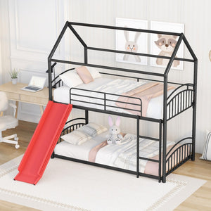 HomeRoots Black Twin Over Twin Metal Bunk Bed with Slide - Stylish Space-Saving Fun for Kids' Rooms & More! 606641