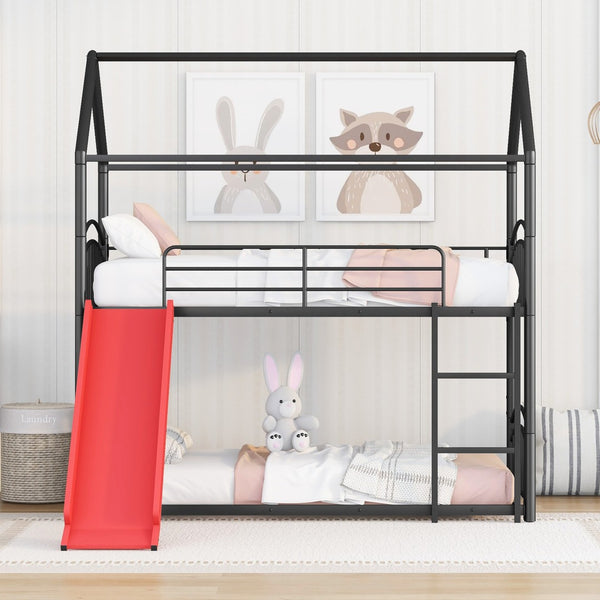 HomeRoots Black Twin Over Twin Metal Bunk Bed with Slide - Stylish Space-Saving Fun for Kids' Rooms & More! 606641