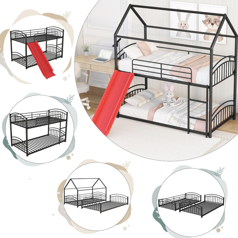 HomeRoots Black Twin Over Twin Metal Bunk Bed with Slide - Stylish Space-Saving Fun for Kids' Rooms & More! 606641