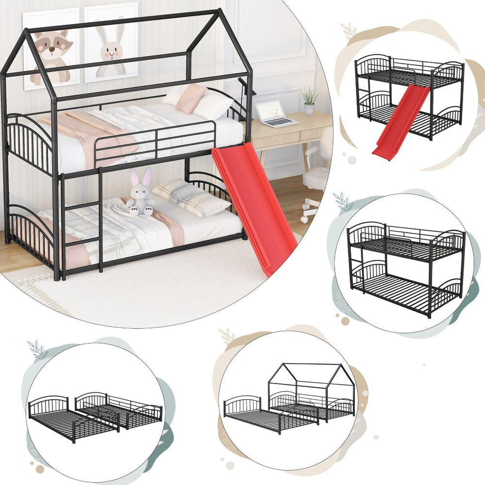 HomeRoots Black Twin Over Twin Metal Bunk Bed with Slide - Stylish Space-Saving Fun for Kids' Rooms & More! 606641
