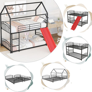 HomeRoots Black Twin Over Twin Metal Bunk Bed with Slide - Stylish Space-Saving Fun for Kids' Rooms & More! 606641