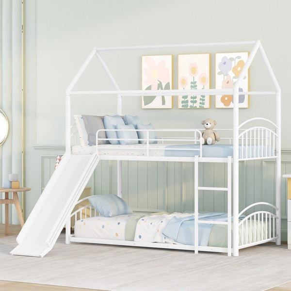 HomeRoots White Twin Over Twin Metal Bunk Bed with Fun Slide - Modern, Safe, Space-Saving Design for Kids 606642