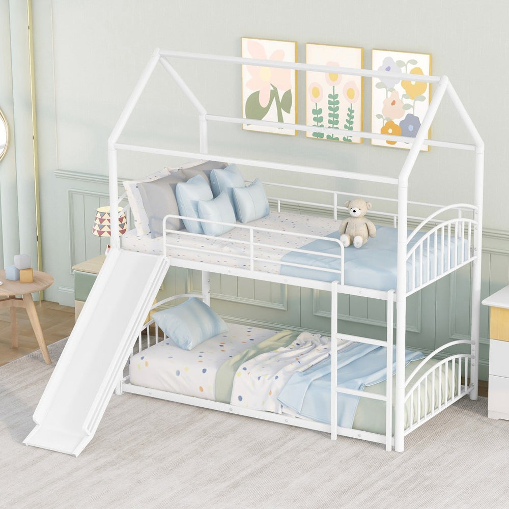 HomeRoots White Twin Over Twin Metal Bunk Bed with Fun Slide - Modern, Safe, Space-Saving Design for Kids 606642