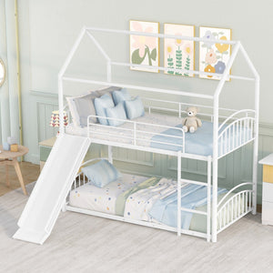 HomeRoots White Twin Over Twin Metal Bunk Bed with Fun Slide - Modern, Safe, Space-Saving Design for Kids 606642