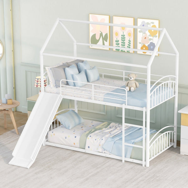 HomeRoots White Twin Over Twin Metal Bunk Bed with Fun Slide - Modern, Safe, Space-Saving Design for Kids 606642