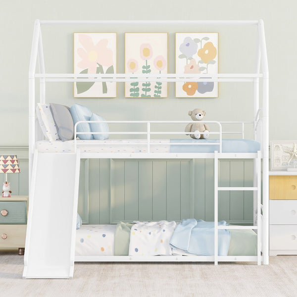 HomeRoots White Twin Over Twin Metal Bunk Bed with Fun Slide - Modern, Safe, Space-Saving Design for Kids 606642