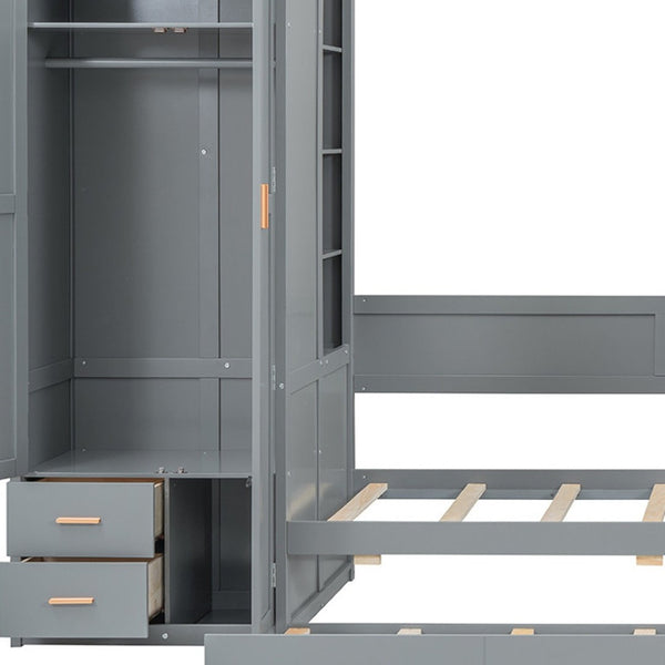 HomeRoots Gray Twin Over Twin Bunk Bed with Integrated Desk, Trundle, Storage, and Modern Design for Kids 606643