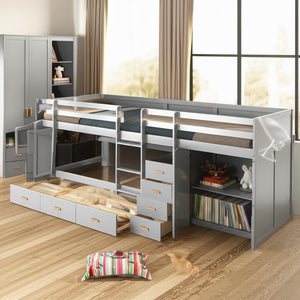 HomeRoots Gray Twin Over Twin Bunk Bed with Integrated Desk, Trundle, Storage, and Modern Design for Kids 606643