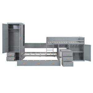 HomeRoots Gray Twin Over Twin Bunk Bed with Integrated Desk, Trundle, Storage, and Modern Design for Kids 606643