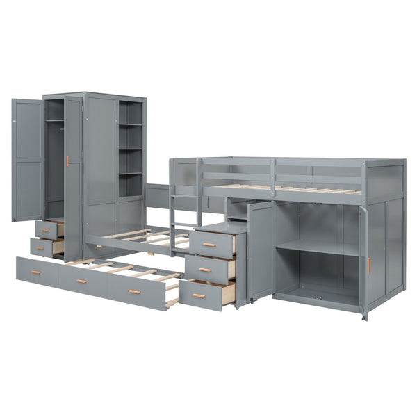 HomeRoots Gray Twin Over Twin Bunk Bed with Integrated Desk, Trundle, Storage, and Modern Design for Kids 606643