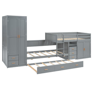 HomeRoots Gray Twin Over Twin Bunk Bed with Integrated Desk, Trundle, Storage, and Modern Design for Kids 606643