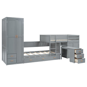 HomeRoots Gray Twin Over Twin Bunk Bed with Integrated Desk, Trundle, Storage, and Modern Design for Kids 606643