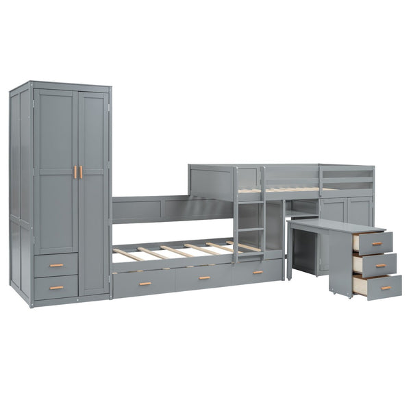 HomeRoots Gray Twin Over Twin Bunk Bed with Integrated Desk, Trundle, Storage, and Modern Design for Kids 606643