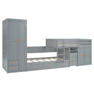 HomeRoots Gray Twin Over Twin Bunk Bed with Integrated Desk, Trundle, Storage, and Modern Design for Kids 606643