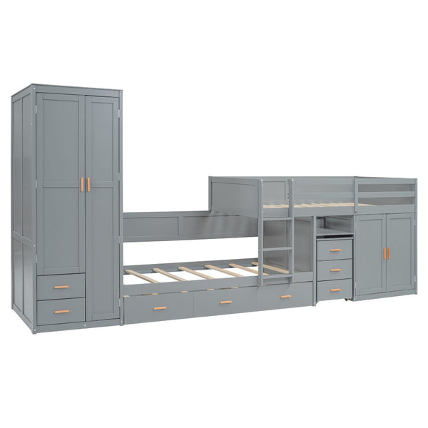 HomeRoots Gray Twin Over Twin Bunk Bed with Integrated Desk, Trundle, Storage, and Modern Design for Kids 606643