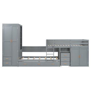 HomeRoots Gray Twin Over Twin Bunk Bed with Integrated Desk, Trundle, Storage, and Modern Design for Kids 606643