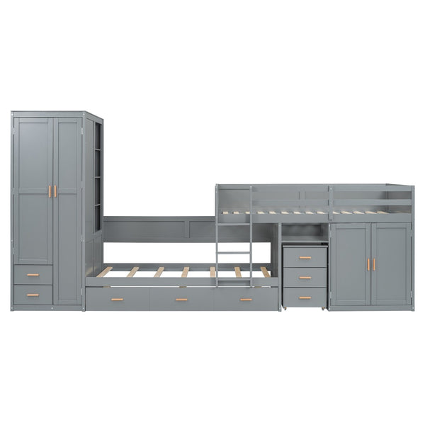 HomeRoots Gray Twin Over Twin Bunk Bed with Integrated Desk, Trundle, Storage, and Modern Design for Kids 606643