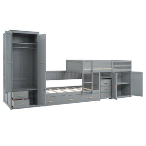 HomeRoots Gray Twin Over Twin Bunk Bed with Integrated Desk, Trundle, Storage, and Modern Design for Kids 606643