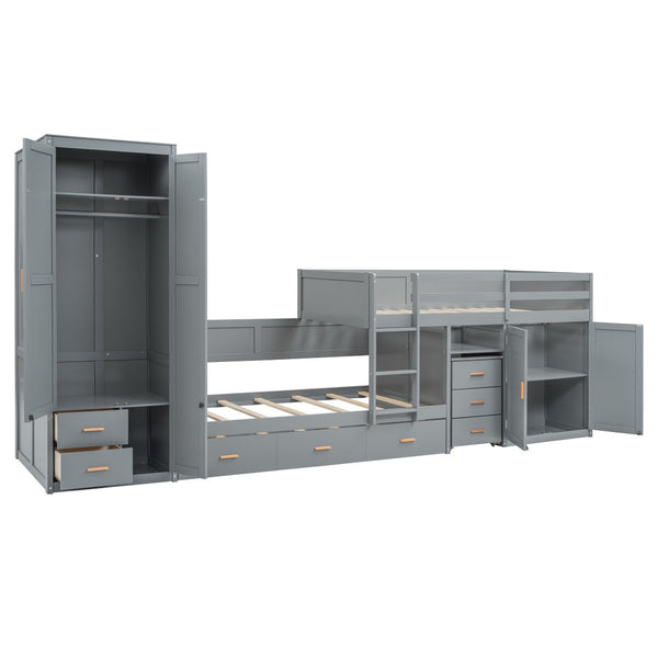 HomeRoots Gray Twin Over Twin Bunk Bed with Integrated Desk, Trundle, Storage, and Modern Design for Kids 606643
