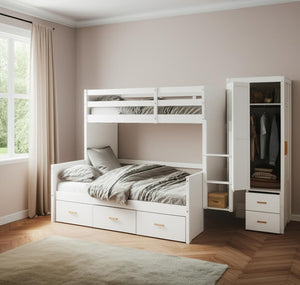 HomeRoots White Twin Over Twin Bunk Bed with Desk, Trundle & Storage - Space-Saving Design for Kids' Rooms! 606644