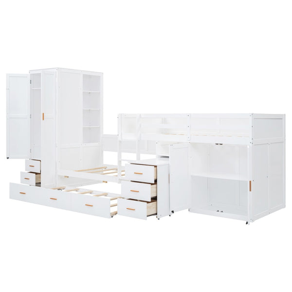 HomeRoots White Twin Over Twin Bunk Bed with Desk, Trundle & Storage - Space-Saving Design for Kids' Rooms! 606644