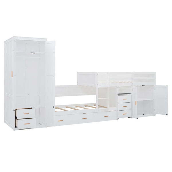 HomeRoots White Twin Over Twin Bunk Bed with Desk, Trundle & Storage - Space-Saving Design for Kids' Rooms! 606644