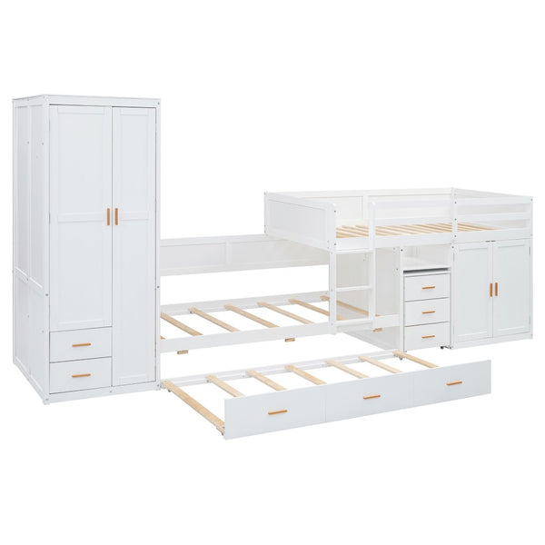 HomeRoots White Twin Over Twin Bunk Bed with Desk, Trundle & Storage - Space-Saving Design for Kids' Rooms! 606644
